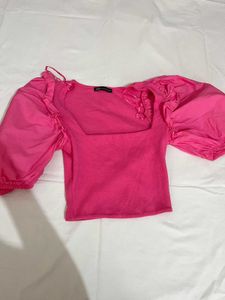 Hot Pink Puff Sleeve Square Neck Top