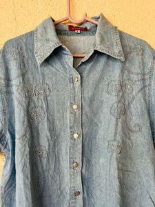 Embellished Denim Button-Up Shirt