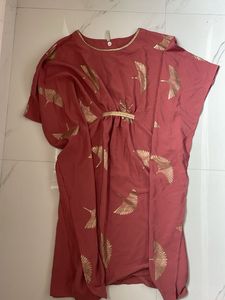 Elegant Red Kaftan Kurta with Gold Crane Print
