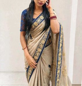 Elegant Embroidered Saree with Blue Blouse