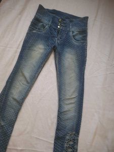 High-Waist Textured Slim Fit Blue Jeans