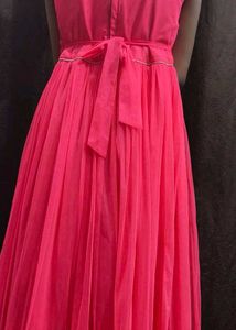 Pink Net Full Length Gown Blue Embroidery Coat