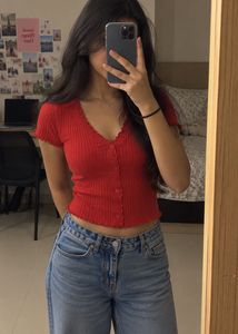 Chic Red Ribbed Button-Up Crop Top
