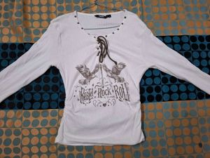 Cream Lace-Up Graphic Long Sleeve Top