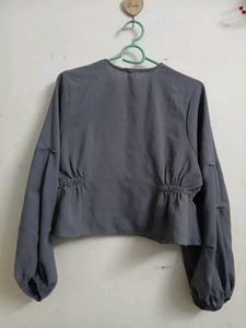 Chic Grey Peplum Button-Up Blouse
