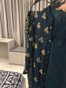 Elegant Teal Kurta with Gold Embroidery and skirt