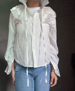White Ruffled Neckline Long Sleeve Top