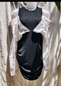 Chic Black Ruched Dress with White Shirt Overlay