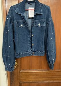 Trendy Denim Jacket with Pearl Embellishments