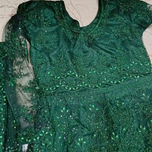 Emerald Green Sequined Gown with Dupatta
