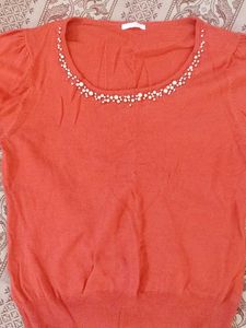 Coral Beaded Neckline Short Sleeve Top
