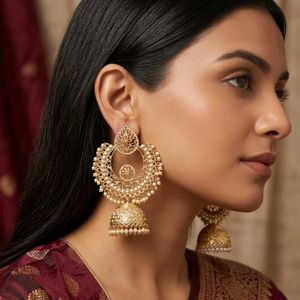 Golden Jhumka Earrings with Pearls