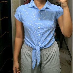 Sky Blue Geometric Print Tie-Up Stretch Shirt Top