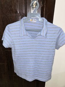 Light Blue Striped Cropped Polo Top