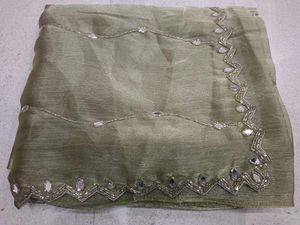 Elegant Olive Green Mirror Work Saree