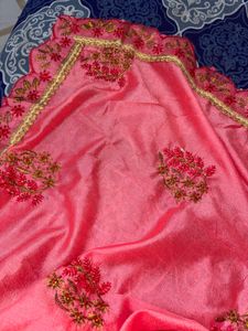 Embroidered Peach-Pink Saree with Blouse