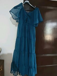 Elegant Blue Peplum Dress with Black Lace