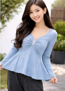 Blue Peplum paded .Top with Long Sleeves