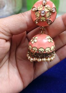 Elegant Coral Jhumka Earrings with Pearl Dangles