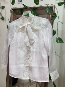 Elegant White Lace Bow Blouse