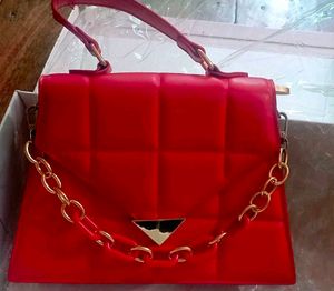 Red Quilted Handbag with Gold Chain