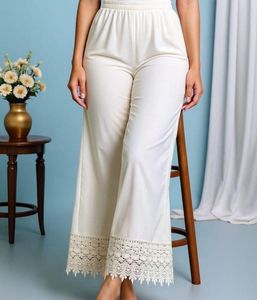Elegant Cream Palazzo Pants with Lace Trim