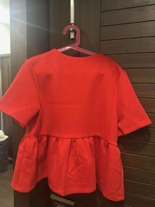 Red Scuba Peplum Button-Up Top