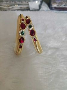 Exquisite Gold Bangles with Red &amp; Green Stones