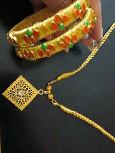 Gold-toned Necklace, Earrings &amp; Bangles Set