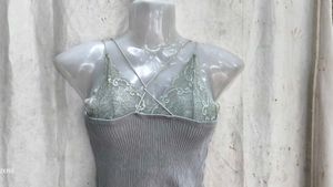 Grey Ribbed Lace Trim Camisole Top