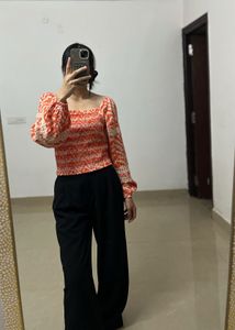 Orange Floral Smocked Crop Top w puff sleeves