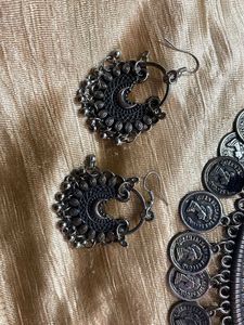 Oxidized Silver Coin Necklace &amp; Earrings Set