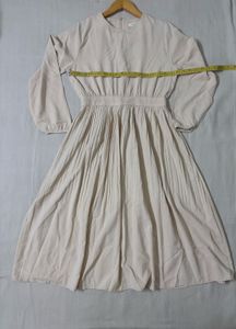 Korean Beige Pleated Midi Dress