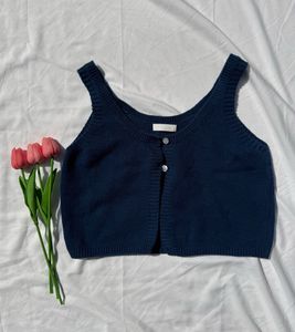 Navy Blue Button-Up Knit Crop Top