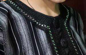 Striped Kurta with Embellished Neckline