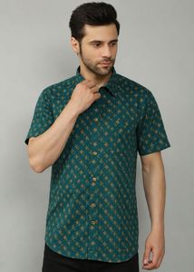Vintage Teal Geometric Print Short Sleeve Shirt