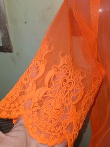 Sheer Orange Lace Trim Top