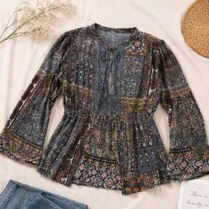 Bohemian Print Smocked Waist Jacket