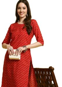 Red printed kurta with matching nail polish