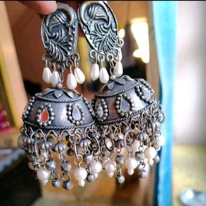 Elegant Oxidized Jumbo Size Pearl Jhumkas