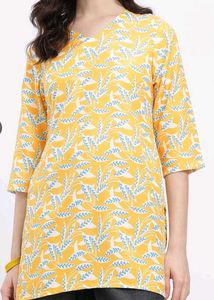 Yellow Floral Print Cotton Kurti