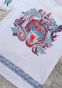 vintage Dragon Print White Short Sleeve Shirt