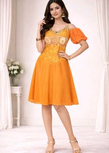 Orange Ethnic Gown with Cold Shoulder