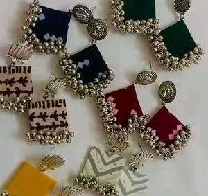 Bohemian Fabric & Silver Jhumka Earrings
