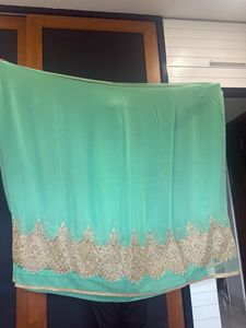 Elegant Mint Green Saree with Gold Embroidery