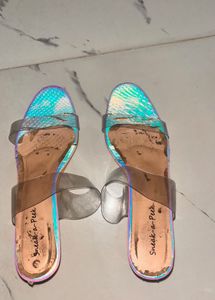Iridescent Clear Block Heel Mules