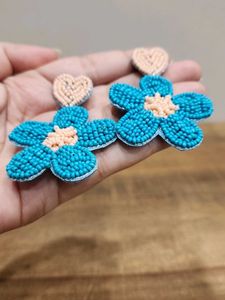 Turquoise Beaded Flower Heart Earrings