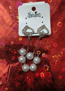 Sparkling Heart Dangle Pearl Earrings