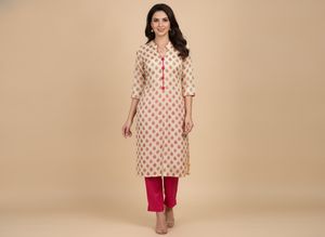 Cream & Pink Printed Kurta Set