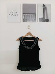 Elegant Beaded Black Sleeveless Top